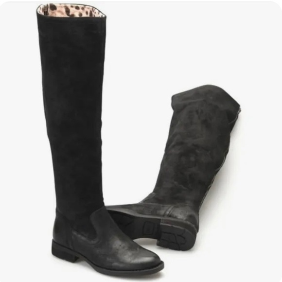 Born Borman Black Leather Riding Boots Knee High Leopard Fold Down Zipper New - Picture 1 of 12